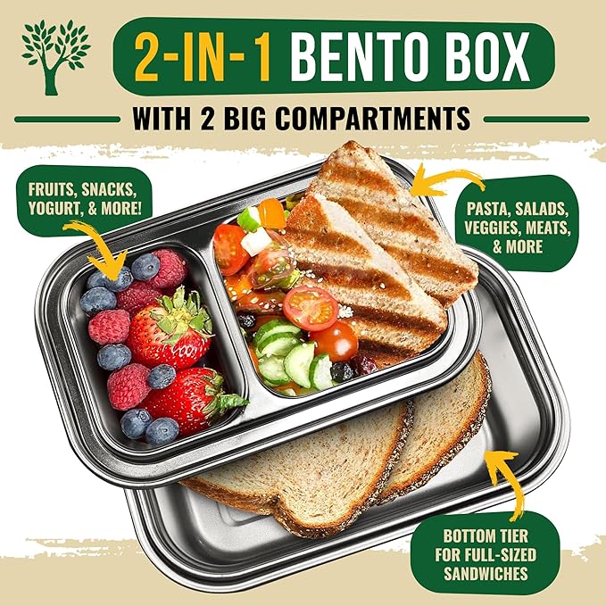 GreenLunch 2-Piece Stainless Steel Bento Box for Adults & Teens | Large 6-Cup BPA-Free Lunch Box with Removable Compartments & Snap Locks | Office, Meal Prep & Travel - Brown/Beige