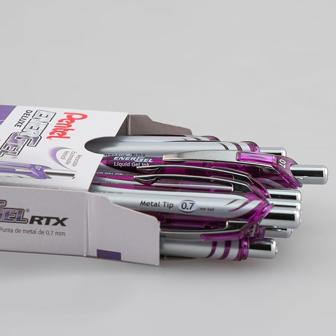 Pentel EnerGel RTX Retractable Liquid Gel Pen, (0.7mm), Medium Line, Metal Tip, Violet Ink, Box of 12 (BL77-V)