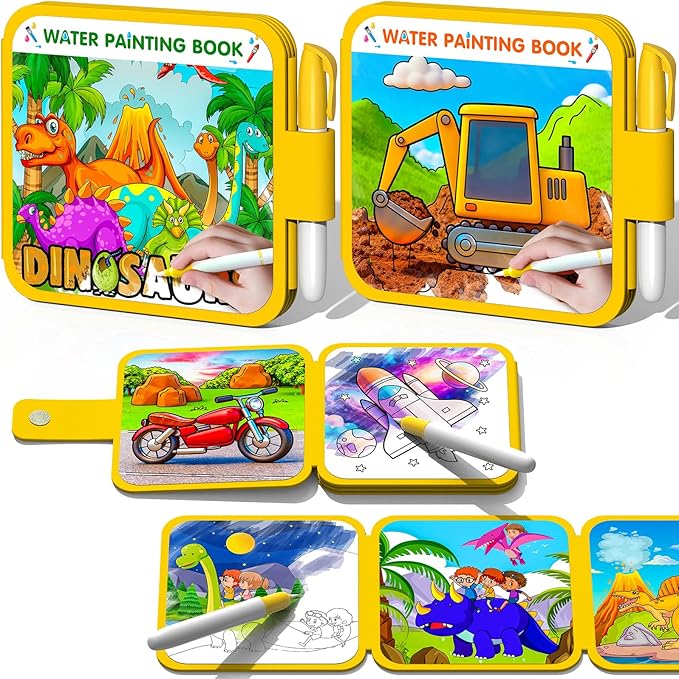 ZHOC Reusable Water Painting Books for Kids – 2 Pack Magic Water Reveal Coloring Books with Water Pens (Cars & Dinosaur) No-Mess Coloring Book Fun Travel Activity for Ages 3 4 5 6 7 8