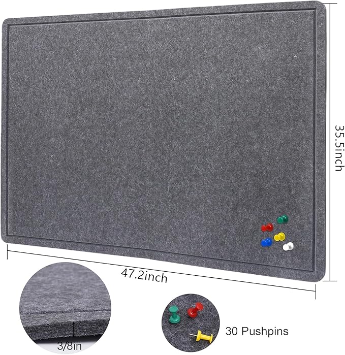 Large Bulletin Board, 48 X 36 inches Cork Board with 30 Pushpin, 4' x 3' Felt Cork Board Notice Pin Board, Self-Adhesive Vision Board Mood Board Foldable Photo Board for Wall - Dark Gray