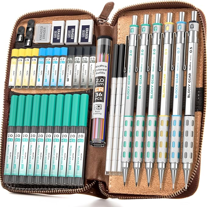 Nicpro Blocky Gear Metal Mechanical Pencil Set with Leather Case | 40PCS Art Drafting Pencil 0.5/0.7/0.9/2mm Lead Pencil with 352PCS (HB 2H 4H 2B 4B 6B Color) Lead Refill for Sketching Drawing
