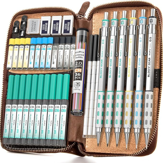 Nicpro Blocky Gear Metal Mechanical Pencil Set with Leather Case | 40PCS Art Drafting Pencil 0.5/0.7/0.9/2mm Lead Pencil with 352PCS (HB 2H 4H 2B 4B 6B Color) Lead Refill for Sketching Drawing