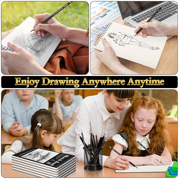 Humyoun 24 Pcs Top Spiral Bound Sketch Pad with Drawing Pencils Set, 5.5 x 8.5 Inch Sketchbook, 68lb(100gsm) Thick Paper, Charcoal & Graphite Pencils (12B-4H) for Shading, Artists & Beginners