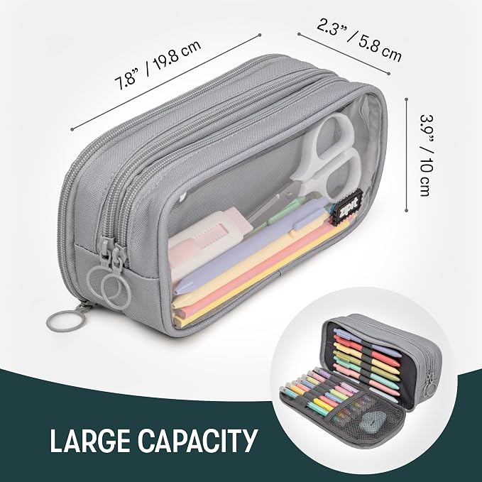 ZIPIT Half & Half Pencil Case, 3-Compartment Aesthetic Zipper Pouch, Grey | Clear-front pencil case for school, dedicated organizer panels, holds up to 70 pens & pencils, durable easy-care polyester