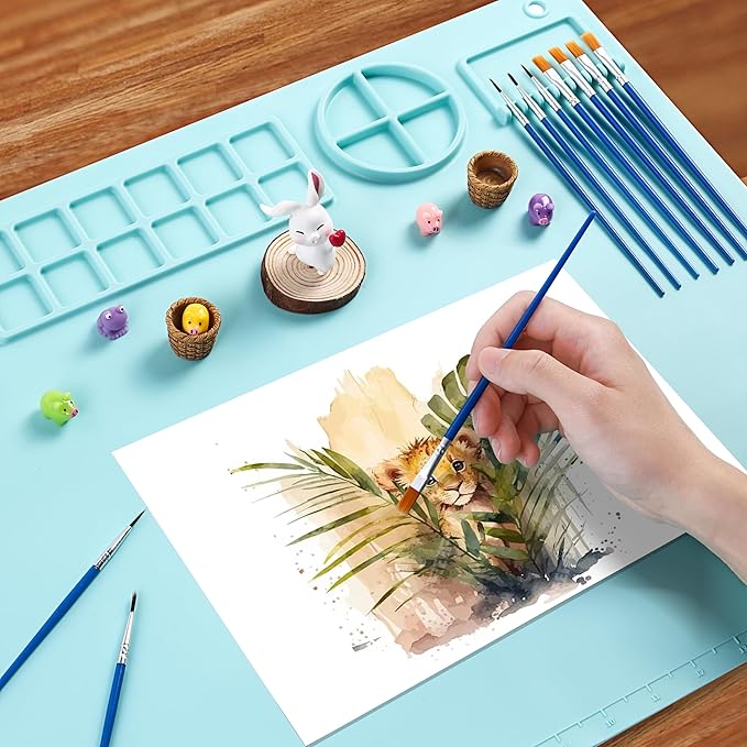 DIYDEC Silicone Craft Mat 20X16 Inch Large Silicone Art mat with Detachable Cup Painting Mat with 10 Painting Brushes Silicone Drawing Mat Sheets for Kids Adult DIY Accessories (Blue)