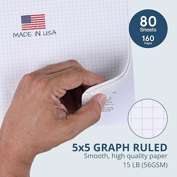ROARING SPRING Hard Cover Composition Notebook, 48 Pack, Black Marble Comp Book, 9.75″ x 7.5″, 5x5 Grid Graph Ruled, 80 Sheets (160 Pages), Made in USA