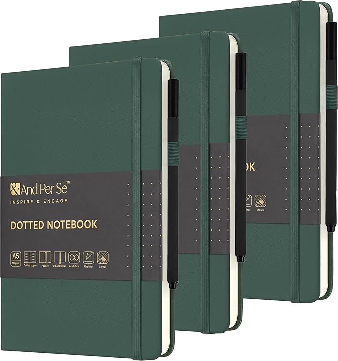&And Per Se Dotted Journal Notebook 3 Pack, A5 Hardcover with Journal Dotted Pages, Stencils & Pens, 176 Numbered Pages Each for Students Teachers Office (Green)