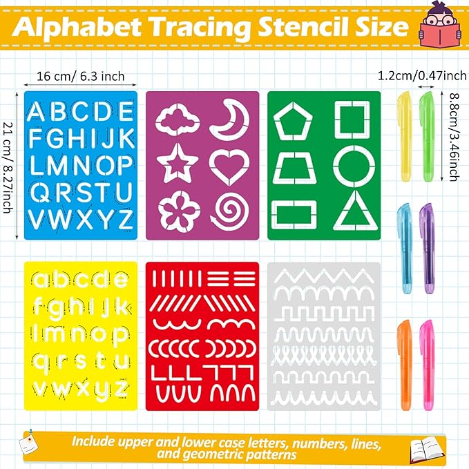 Fuutreo 12 Pieces Preschool Alphabet Tracing Stencil Set for Kids Colorful Letter Tracing Drawing Stencils with 6 Color Highlighter Cute Craft Pattern Paint Boards for Painting Classroom Rewards