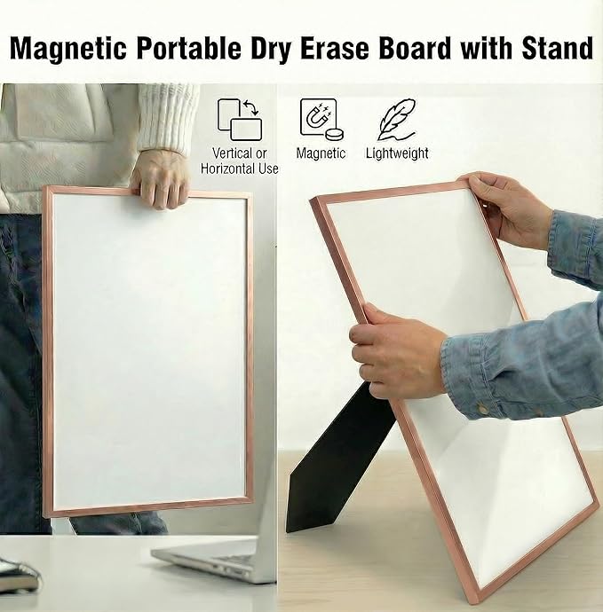 Magnetic Dry Erase Board 12x16 with Foldable Stand, Portable Rose Gold Desktop Whiteboard for Home, Office, School & Kitchen