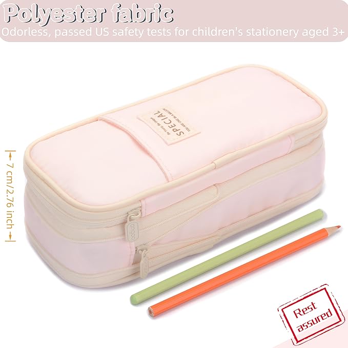 Large Capacity Canvas Pencil Case Organizer Holder Pouch Bag with Zipper Compartments, Pen Cases for Women Girls School Adults (Pink)