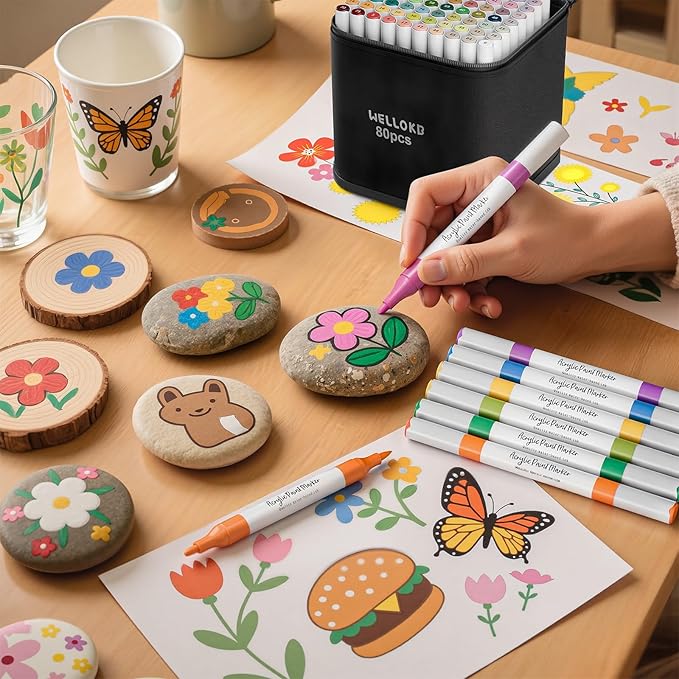 WELLOKB 80 Colors Dual Tip Acrylic Paint Markers, Fabric Markers, Brush Tip Permanent Acrylic Paint Pens for Wood, Glass, Rocks, Paper, Coloring book,Ceramic,DIY Crafts for Adults