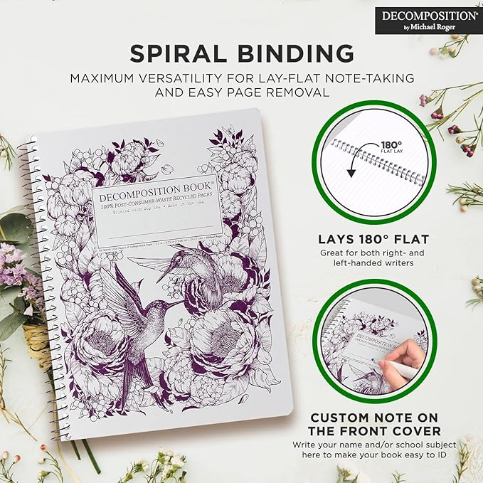 Decomposition Hummingbirds College Ruled Spiral Notebook - 9.75 x 7.5 Journal with 160 Lined Pages - 100% Recycled Paper - Notebooks for School Supplies, Home & Office - Made in USA