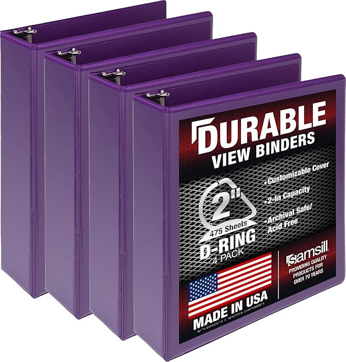 Samsill Durable 2 inch 3 Ring Binder, D Ring Binder, 100% Recycled Chipboard, Purple, 4 Pack