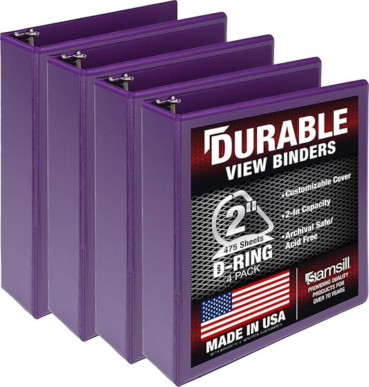 Samsill Durable 2 inch 3 Ring Binder, D Ring Binder, 100% Recycled Chipboard, Purple, 4 Pack