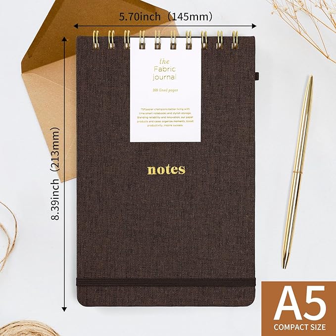 A5 Top Spiral Notebook – Hardcover Journal 160 Pages 100 GSM Thick Paper With Elastic Band & Pen Holder Steno Pads College Ruled Writing Notebooks for Work School Travel (1pack-Brown-style C)