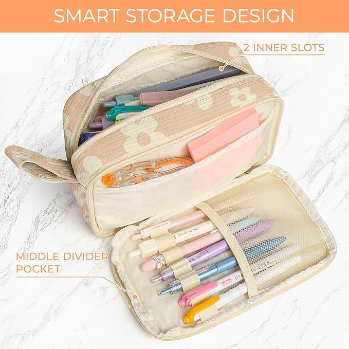WOBAGMEN Cute Pencil Case,Large Corduroy Zippered Pencil Case Pouch, aesthetic Pencil Bag with Compartments, Pencil Pouch School Supplies (HY-corduroy pc-brown floral)