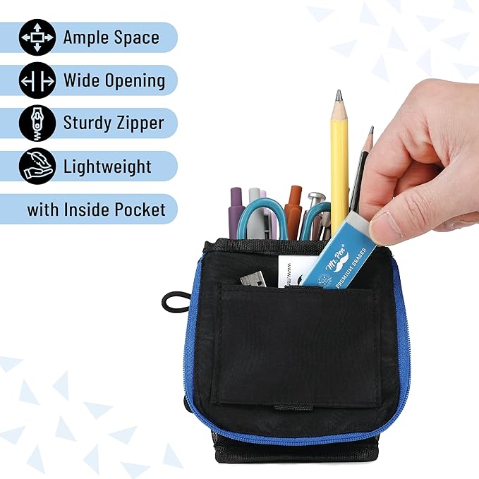 Mr. Pen- Standing Pencil Case Pouch, Sit & Lay Mesh-View Design, Black with Blue Zipper, Interior Pocket & 2 Elastic Binder Loops, Cute Pencil Case for Girls and Boys