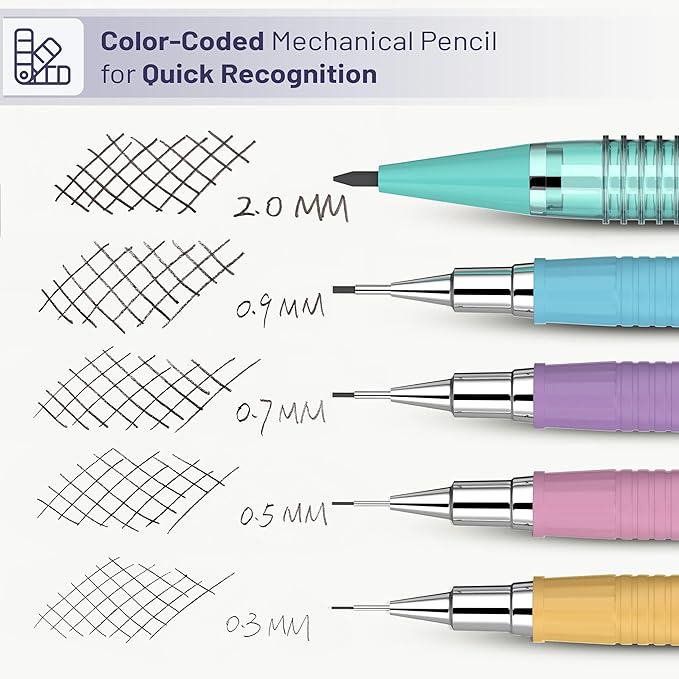 Mr. Pen- Pastel Mechanical Pencil Set, 5 Mechanical Pencils (0.3, 0.5, 0.7, 0.9, 2.0mm), 5 HB Lead Refills & 10 Eraser Refills, Precision Drawing Pencils for Sketching, Writing & Artwork