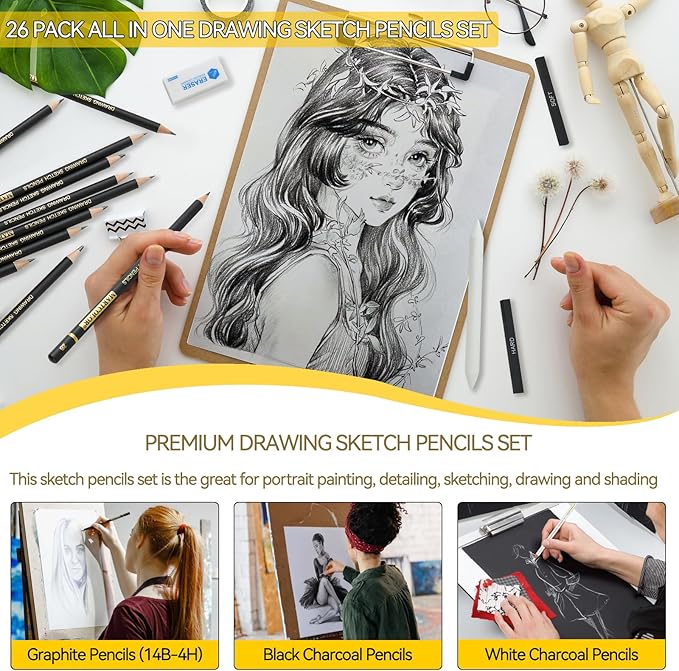 MARTCOLOR Drawing Sketching Pencil Set, 26 Pieces, Graphite Pencils (14B-4H), Charcoal Pencils, Charcoal Sticks, Blending Stump, Eraser, Sharpeners, Artist Pencils for Beginners & Pro Artists