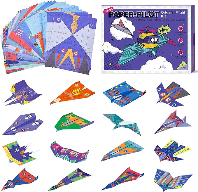 Leven DIY Paper Airplane Book, 16 Creative Folding Paper Planes with 48 Sheets of Colorful Origami Paper, Arts & Crafts Kit with Video Tutorials – Gifts for Boys and Girls Ages 3–12+ 11 * 8.3 inches