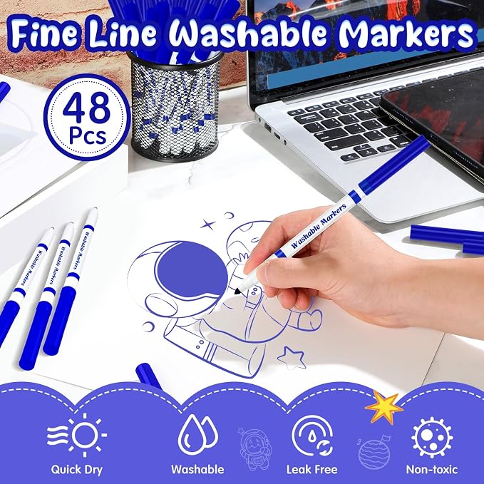 48 Pcs Line Washable Markers Bulk Blue Fine Tip Markers Set Thin Coloring Mark Pens for Kids Blue Tips Mark Pen for Art School Supplies, Back to School Supplies, Ages 6+