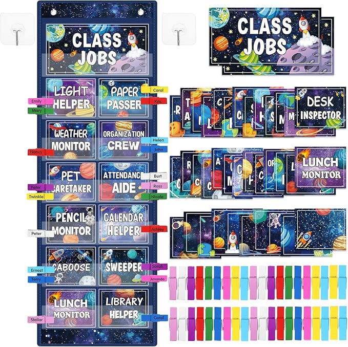 Blosssound Class Jobs Pocket Chart with 31 Cards 40 Colored Clips Classroom Teacher's Helper Management Educational Pocket Chart Bulletin Board Decorations Preschool Supplies(Outer Space)