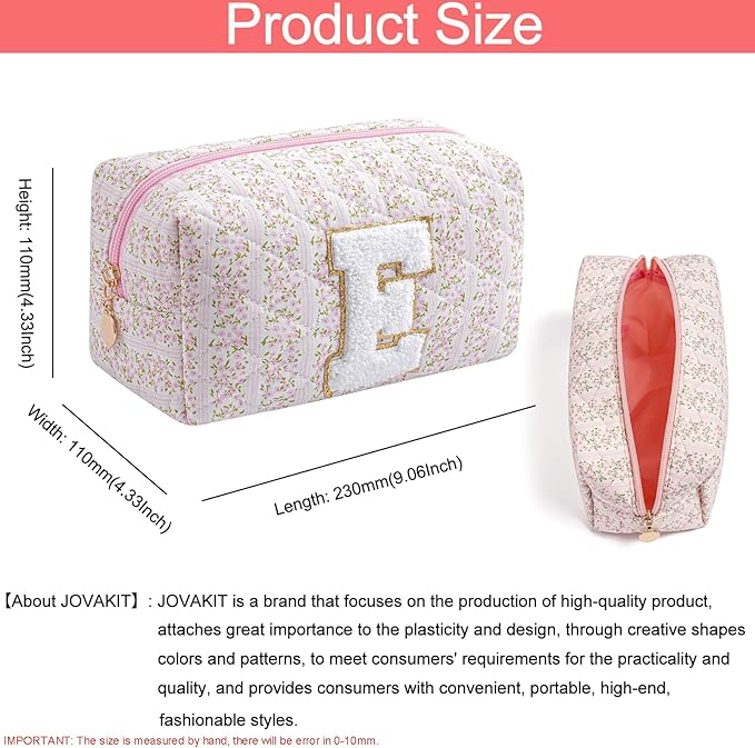 JOVAKIT Alphabet Makeup Bag Cosmetic Bag for Women, Christmas Gifts for Girls Age 6-18, Floral Flowers Coquette Travel Toiletry Zipper Make Up Pouch Organizer Trendy Stuff (Pink Floral E)
