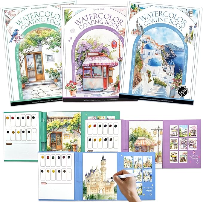NaTuGi 3Pac Watercolor Workbook for Adults,Watercolor Coloring Book,Portable Watercolor Painting Books,Creative Stress Relief Kit,Suitable for Beginners Birthday Gift (Architecture Series 3pc)