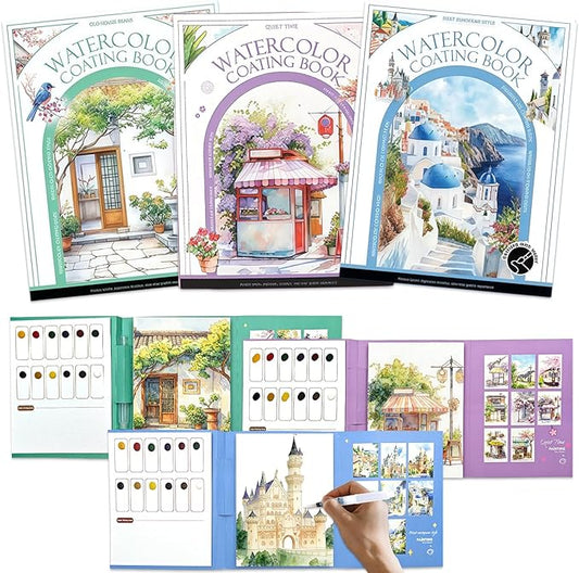 NaTuGi 3Pac Watercolor Workbook for Adults,Watercolor Coloring Book,Portable Watercolor Painting Books,Creative Stress Relief Kit,Suitable for Beginners Birthday Gift (Architecture Series 3pc)
