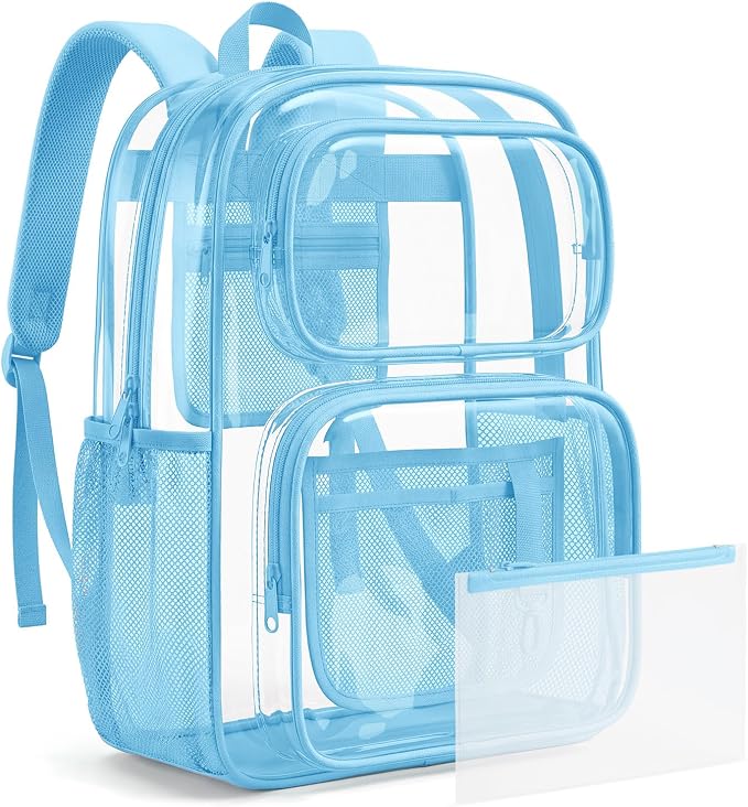 mommore Clear Backpack Set for School, Large Heavy Duty Transparent Bookbag with Pencil Bag for Boys Girls, 17 inch See Through PVC Plastic Backpack with DIY Patches for College Work Casual