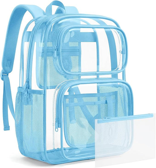 mommore Clear Backpack Set for School, Large Heavy Duty Transparent Bookbag with Pencil Bag for Boys Girls, 17 inch See Through PVC Plastic Backpack with DIY Patches for College Work Casual
