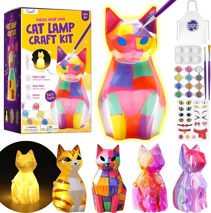 LAOESE Paint Your Own Cat Lamp Kit, Arts and Crafts for Kids Ages 8-12, Art Supplies Painting kit for Kids 6-12, Cat Night Light Toys Girls Boy Birthday Gifts for Kids Ages 3 4 5 6 7 8 9 10 11 12+