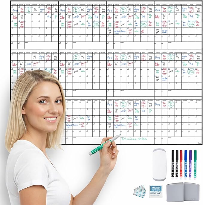 Yearly Large Dry Erase Calendar for Wall 36x48, 12 Office Annual, Erasable Month, Rolled Whiteboard White Board, Year Calendar Planner Giant Family for Dry Undated Classroom Erase Wall Reusable
