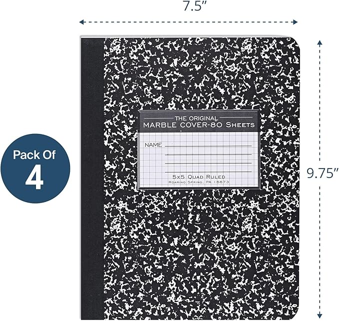 ROARING SPRING Hard Cover Composition Notebook, 4 Pack, Black Marble Comp Book, 9.75″ x 7.5″, 5x5 Grid Graph Ruled, 80 Sheets (160 Pages), Made in USA