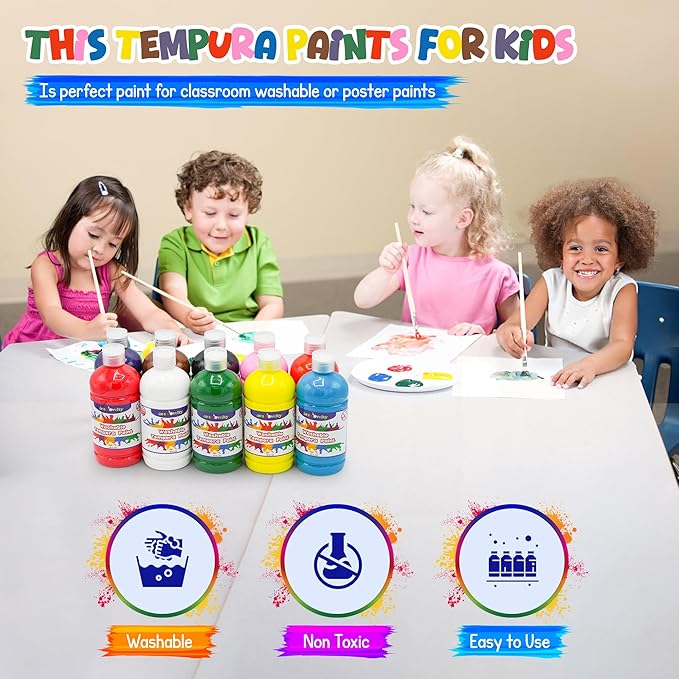4E's Novelty 16oz Washable Tempera Paint Set for Kids – 10 Bright Colors – 16oz Bottles – Non Toxic Washable Paint for Crafts, Teacher Classroom Must Have, Arts & Craft Supplies