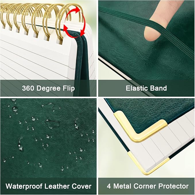 Mousbull A4 Top Spiral Notebook, Large Leather Hardcover Top Bound Steno Pads, 240 Pages 100 gsm Thick Lined Paper Left Handed Notebook Journal for Work, School, Meeting Writing - Green, 8.5" x 11"
