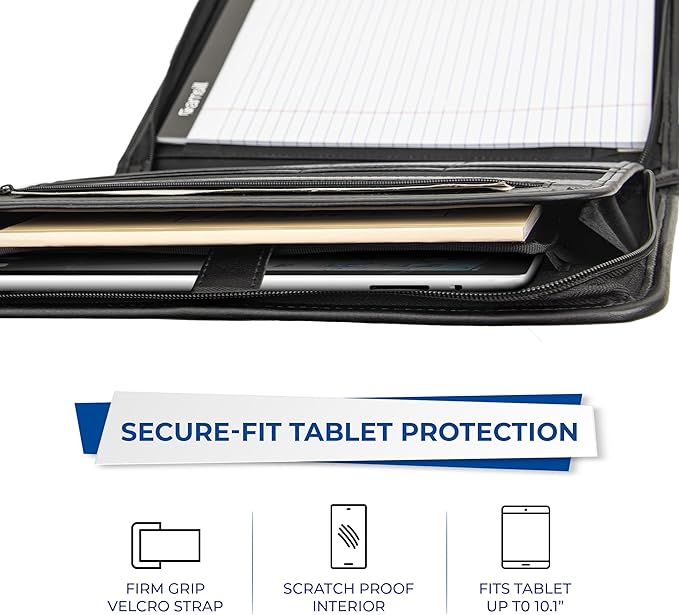 Samsill Professional Padfolio with Secure Zippered Closure, 10.1 Inch Tablet Sleeve, and 8.5 by 11 Inch Notepad, Black, Full Size (70820)