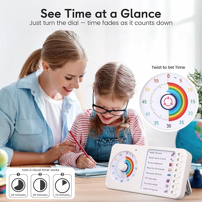 2-in-1 Visual Timer with Task Board for ADHD & Autism, Dry Erase Chore Chart and Visual Schedule for Kids & Adults, Rainbow Countdown Timer for Classroom, Home, Homeschool (White)