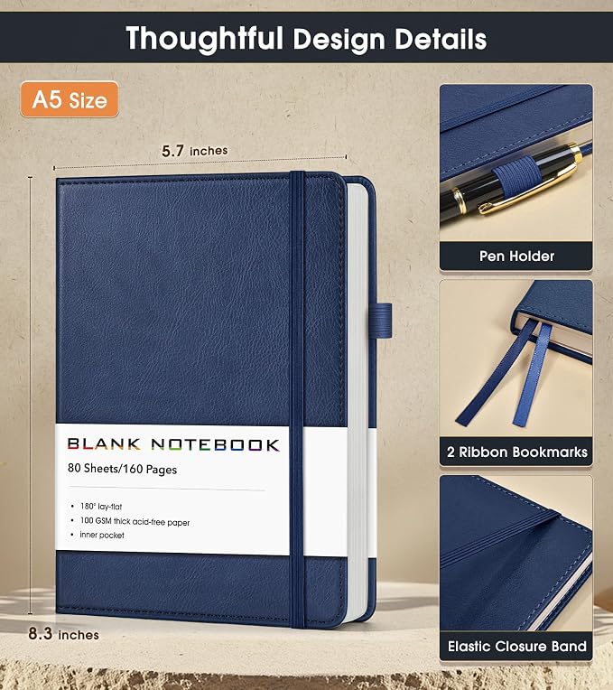 Journal Notebook, A5 Leather Hardcover Blank Sketchbook, 160 Pages, 180° Lay-Flat Binding, 100 GSM Thick Paper, for Sketching, Drawing, Art Journaling & Creative Writing (Navy)