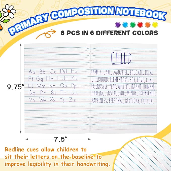 Henoyso 6 Pcs Primary Composition Notebook K-2, Wide Ruled 9.75" x 7.5" Journals, 60 Pages, Writing & Handwriting Practice for Kindergarten, 1st & 2nd Grade, Back to School Supplies (Stylish Color)
