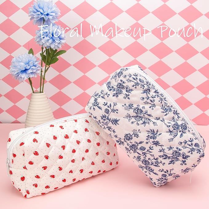 PAZIMIIK 2PCS SET Vintage Quilted Makeup Bag Cosmetic Pouch for Brushes Pencils and Travel Make Up Accessories for Women and Girls Jouy Blue