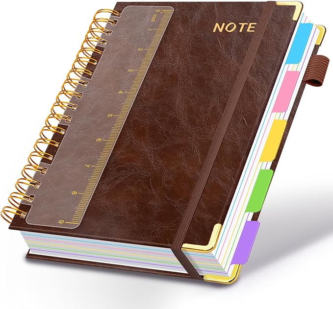 Hardcover Spiral Notebooks for Work 8''x 10'', 300 Pages 5 Subject Notebook with Dividers & Tabs, B5 Spiral Journal for Women, College Ruled Notebooks for School Note-Taking (Dark Brown)