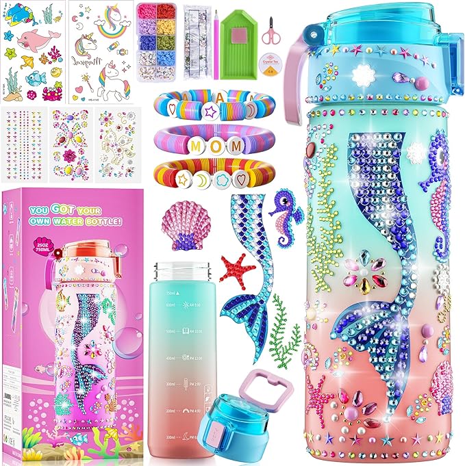 BOOH Decorate Your Own Water Bottle Kits for Girls, Mermaid Diamond Painting Toys & Friendship Bracelet, Fun Arts Crafts for Ages 4-6-8-10, Birthday Gifts Toys for Kids