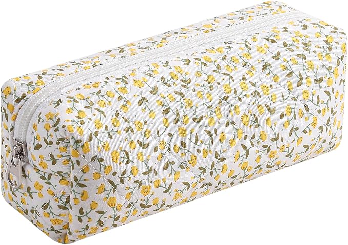 Cute Floral Cotton Makeup Brush Cosmetic Bag for Women, Travel Quilted Zipper Make Up Bag, Flowers Toiletry Organizer Case Kawaii Makeup Cosmetic Travel Cloth Pouch (Yellow Floral)