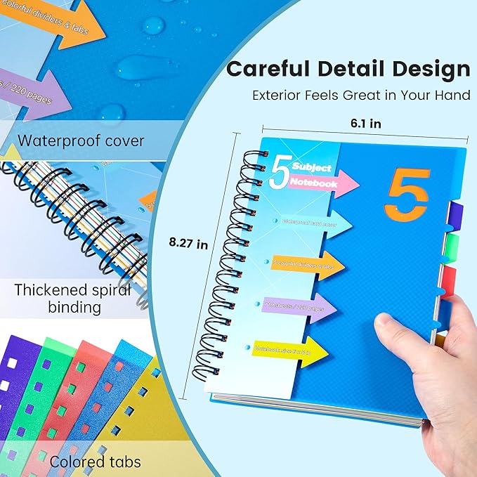 CAGIE 5 Subject Notebook, A5 Small Spiral Notebook with Removable Pocket Dividers Tabs, 240 Pages Spiral Note Book College Ruled for School Work Note taking, 6.1 * 8.27 in, Blue