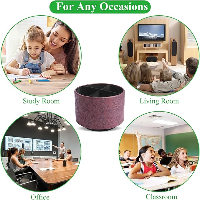 Round Leather Art Supply Organizer,Remote Control Holder,360 Degree Spinning,Multi-Functional Pencil Holder,4 Compartments Desktop Stationary Organizer(1-Carved Dark Brown)