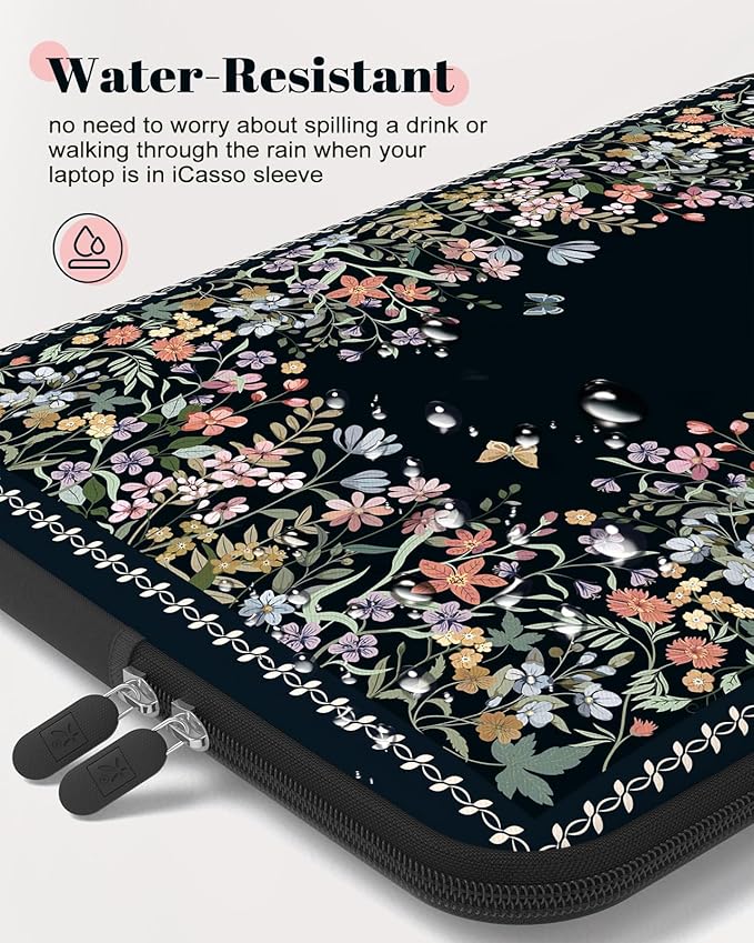 iCasso Laptop Sleeves 13 inch,Retro Laptop Carrying Case Black,13-13.6 inch Computer Sleeve Bag Compatible with MacBook Neo/Air/Pro 13-14 Sleeve, HP Dell ASUS Lenovo Chromebook Notebook,Flowers