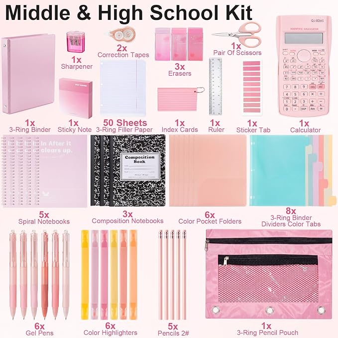 Eersida 117 Pcs Middle High School College Bundle Supplies Kit, Back to School Essentials, Includes Folders, Notebooks, Tab Dividers, Pencils, Highlighters, Calculator & More(Pink)