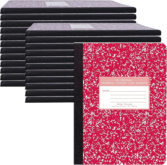 Roaring Spring Hard Cover Composition Notebook, 24 Pack, Assorted Colors Marble Comp Book, 9.75″ x 7.5″, Wide-Ruled with Margin, 100 Sheets (200 Pages)