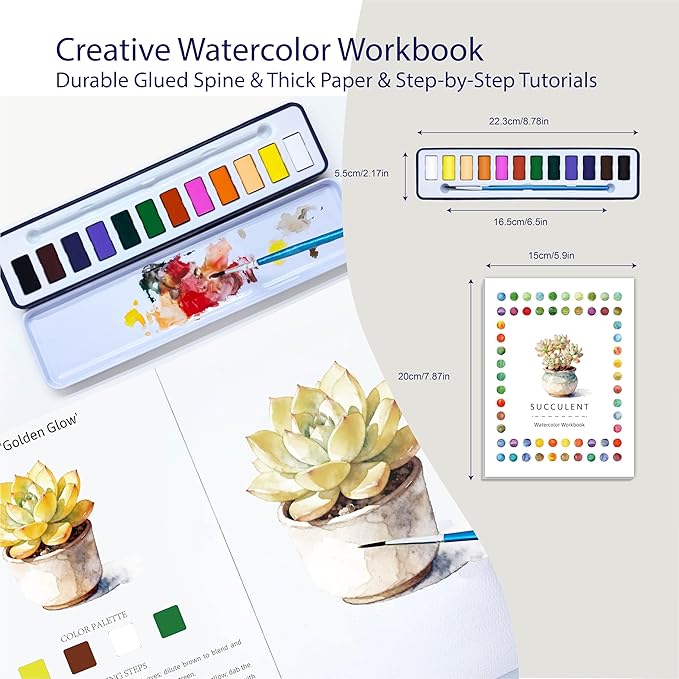 CraftyManor 2Pcs Watercolor Workbook Creative Water Color Paint Book Set with Paints & Brush, 12 Patterns of Original DIY Designs, Beginner-Friendly Adult Coloring Books (Butterfly & Succulent)